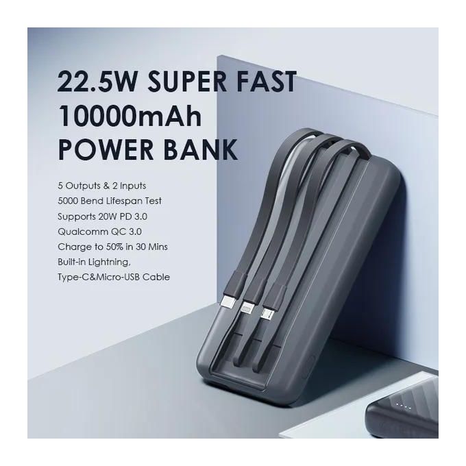 Oraimo Power Bank Slice Link Pro OPB-P7101 22.5W super fast charging power bank with built in Lightning(Iphone), Type C & Micro USB cables.