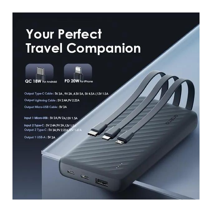 Oraimo Power Bank Slice Link Pro OPB-P7101 22.5W super fast charging power bank with built in Lightning(Iphone), Type C & Micro USB cables.