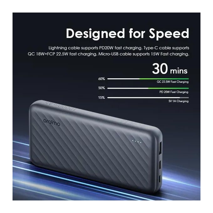 Oraimo Power Bank Slice Link Pro OPB-P7101 22.5W super fast charging power bank with built in Lightning(Iphone), Type C & Micro USB cables.
