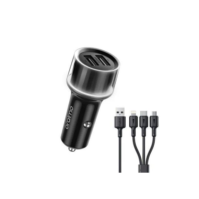 Oraimo OCC-1152D Dual USB Fast Car Charger, 15.5W with 3-in-1 Charging Cable – Fast Car Charging Adapter, Tangle-Free Cable, LED Indicator, Lightweight Design