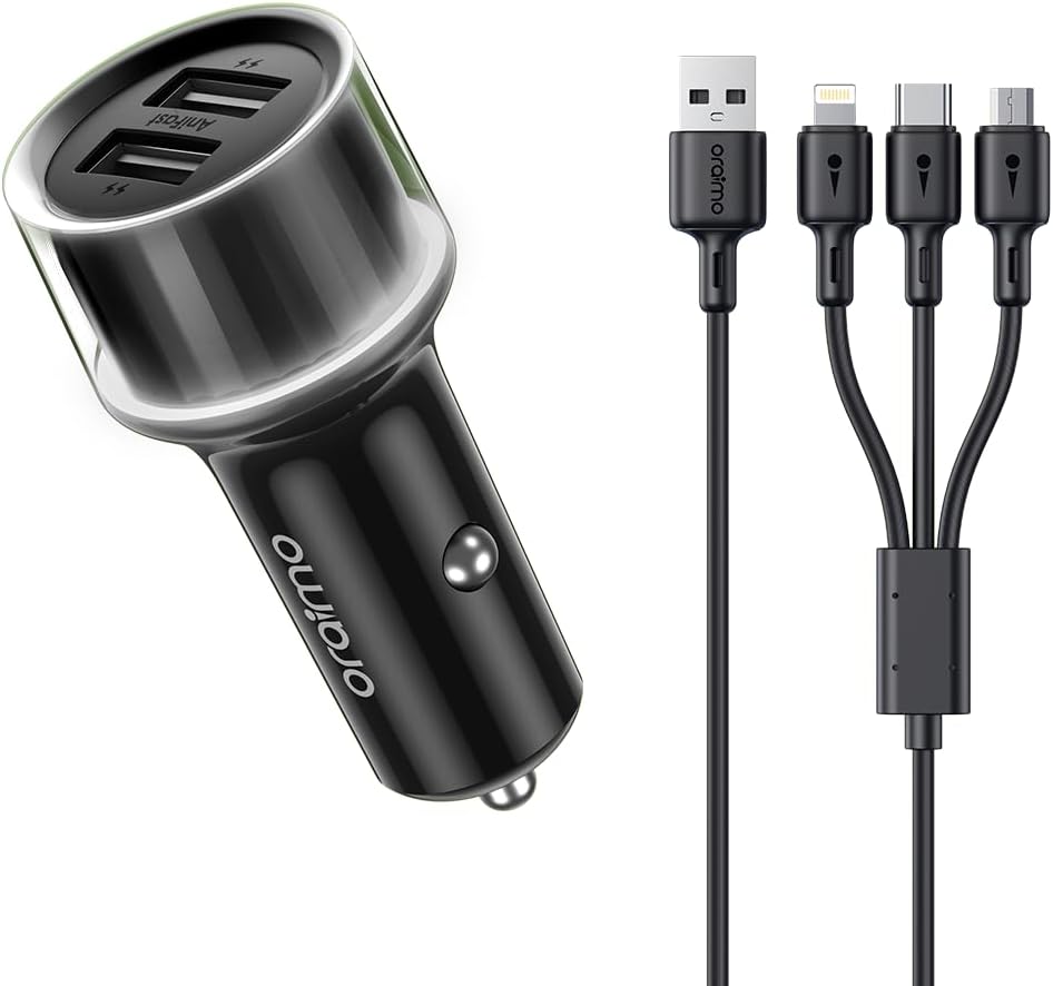 Oraimo OCC-1152D Dual USB Fast Car Charger, 15.5W with 3-in-1 Charging Cable – Fast Car Charging Adapter, Tangle-Free Cable, LED Indicator, Lightweight Design