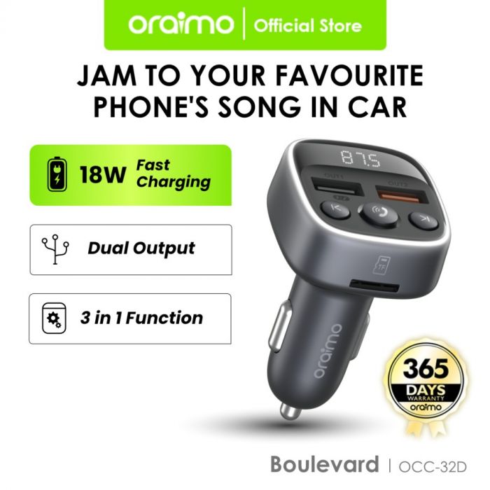Oraimo  Bluetooth Car Charger Boulevard 18W Fast Charging Music Playing Dual USB Wireless Bluetooth Smart Modulator OCC-32D