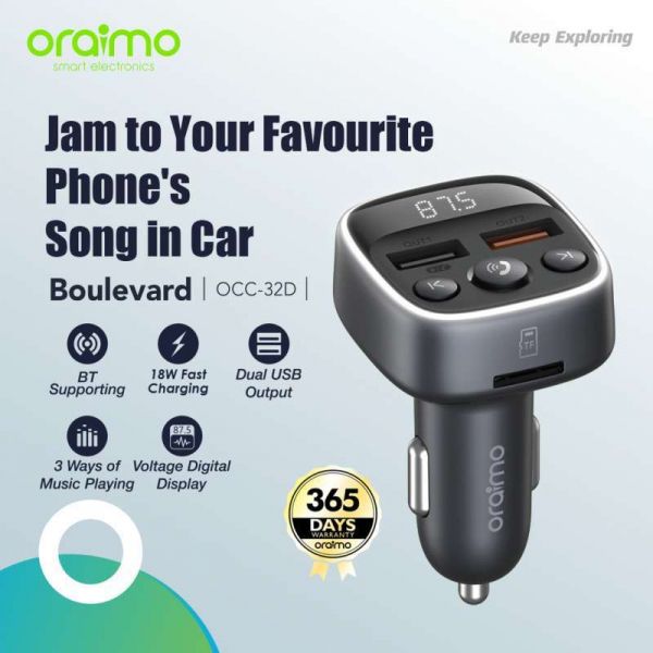 Oraimo  Bluetooth Car Charger Boulevard 18W Fast Charging Music Playing Dual USB Wireless Bluetooth Smart Modulator OCC-32D
