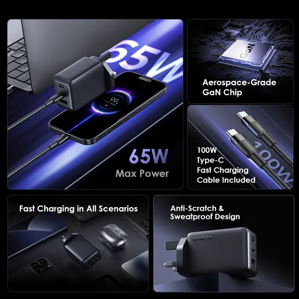 OraimoWall Charger Kit HyperGaN 65 65W GaN  with 100W CC Cable,Support Laptop Charging,Intelligent Power Distribution,Anti-scratch Texture,Aerospace-Grade GaN Chip,Pro-Grade Charging Experience.