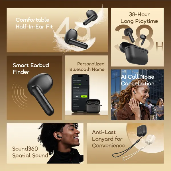 Oraimo Wireless Earbuds OTW-324S SpaceBuds Air  with Half-In-Ear Comfort and 38-Hour Playtime,Free Anti-Lost Lanyard Included.