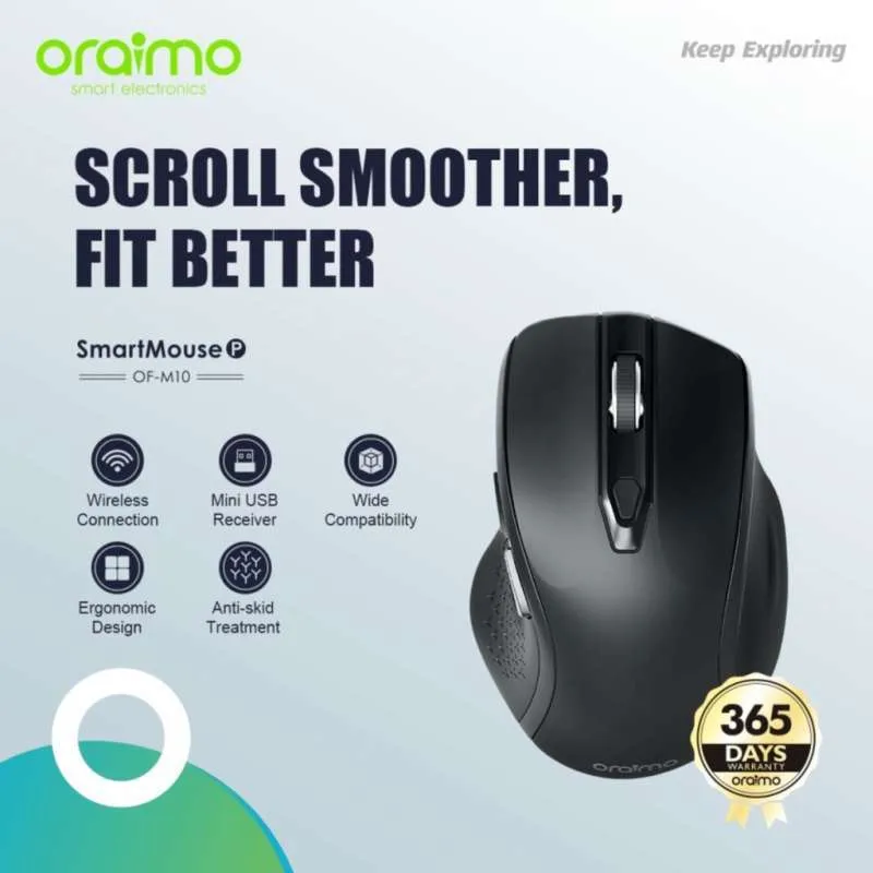 Oraimo Smart Mouse  OF-M10 – Wireless Mouse With Ergonomic Design, Silent Clicks, Long Battery Life, Plug & Play,1200 DPI optical sensor,Compatibility: Windows, macOS, and Linux