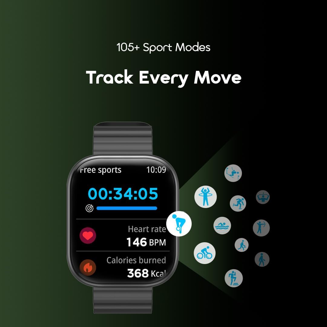 Oraimo Watch 6 OSW-807 Smart Watch  2.04″ Full Touch Display, Bluetooth 5.3 Calling, Heart Rate, SpO₂ & Stress Monitoring, 105+ Sports Modes, IP68,Up to 8-Day Usage Time,Anti-Scratch Panda Glass.