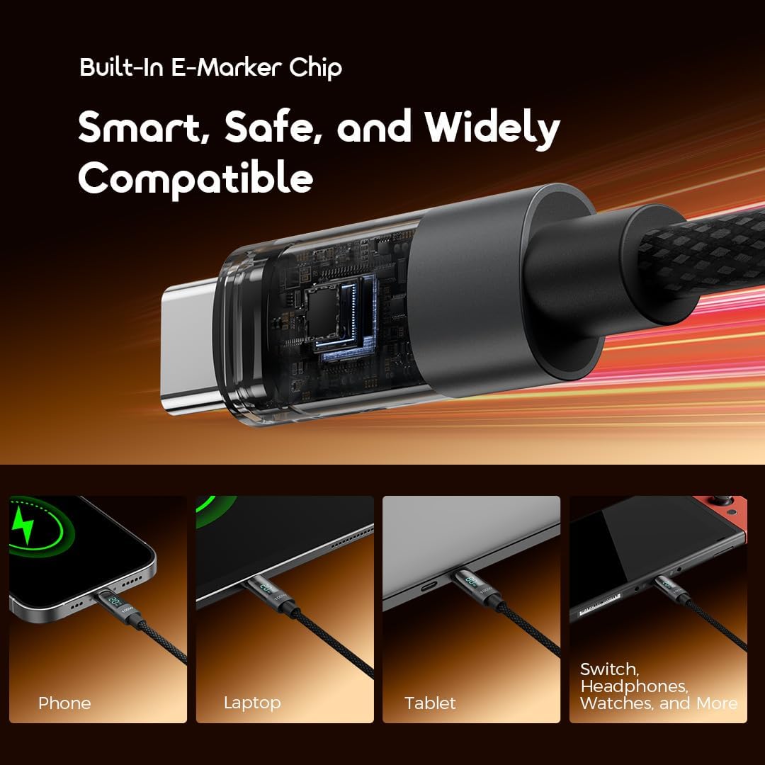 oraimo OCD-175CC USB-C to USB-C Fast Charging Cable 100W 5A Charging & High-Speed Data Sync For USB-C Devices, Length 1.2M,,Real-Time Digital Display,Type-C to Type-C