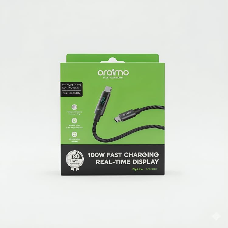 oraimo OCD-175CC USB-C to USB-C Fast Charging Cable 100W 5A Charging & High-Speed Data Sync For USB-C Devices, Length 1.2M,,Real-Time Digital Display,Type-C to Type-C