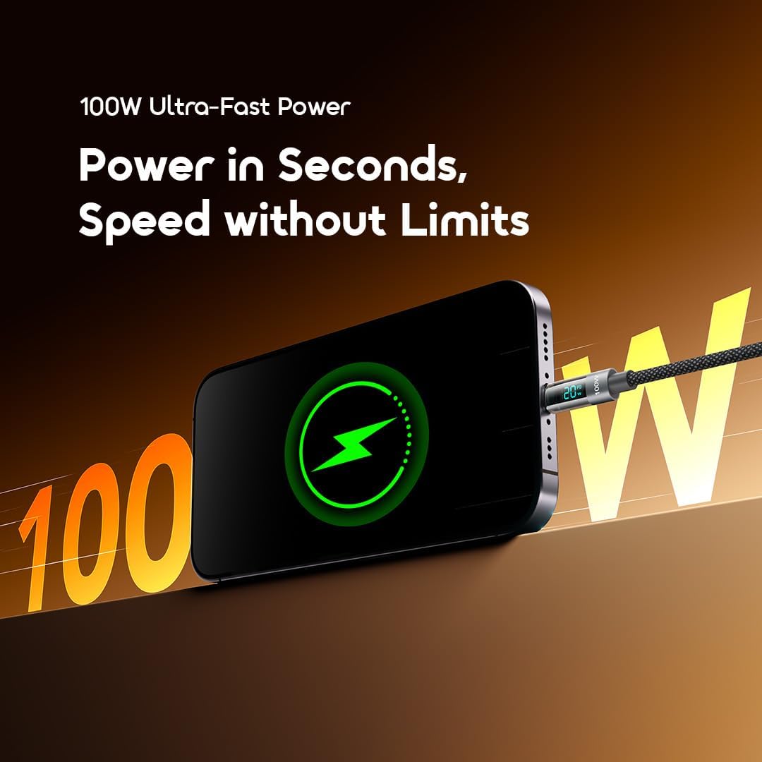 oraimo OCD-175CC USB-C to USB-C Fast Charging Cable 100W 5A Charging & High-Speed Data Sync For USB-C Devices, Length 1.2M,,Real-Time Digital Display,Type-C to Type-C