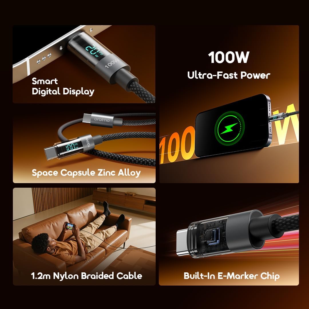 oraimo OCD-175CC USB-C to USB-C Fast Charging Cable 100W 5A Charging & High-Speed Data Sync For USB-C Devices, Length 1.2M,,Real-Time Digital Display,Type-C to Type-C