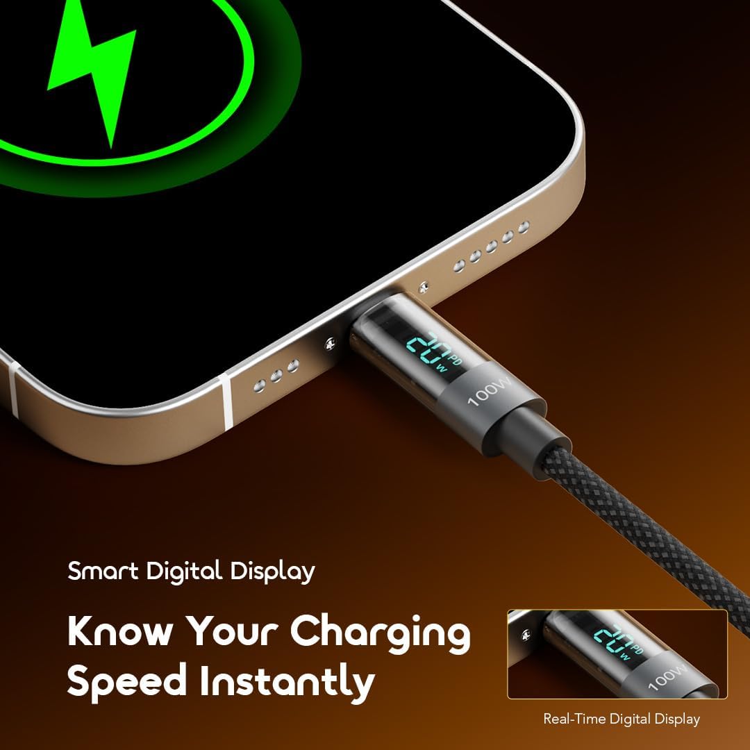 oraimo OCD-175CC USB-C to USB-C Fast Charging Cable 100W 5A Charging & High-Speed Data Sync For USB-C Devices, Length 1.2M,,Real-Time Digital Display,Type-C to Type-C