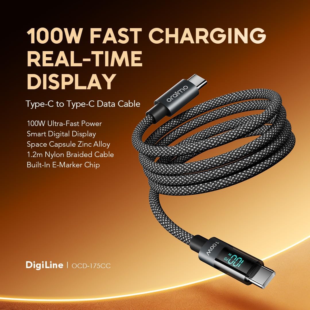 oraimo OCD-175CC USB-C to USB-C Fast Charging Cable 100W 5A Charging & High-Speed Data Sync For USB-C Devices, Length 1.2M,,Real-Time Digital Display,Type-C to Type-C