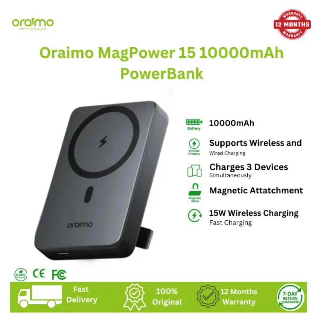 oraimo Wireless and Wired Power Bank MagPower 15 10000mAh,3-Device Charging, 10N Strong Magnetic Attachment,15W Wireless Charge,Foldable Stand,Wide Compatibility,V0 Fireproof Material.