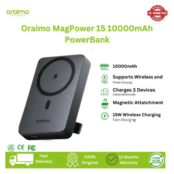oraimo Wireless and Wired Power Bank MagPower 15 10000mAh,3-Device Charging, 10N Strong Magnetic Attachment,15W Wireless Charge,Foldable Stand,Wide Compatibility,V0 Fireproof Material.