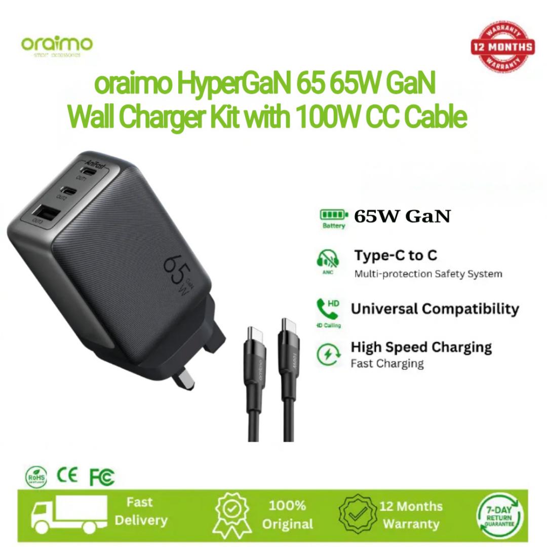 OraimoWall Charger Kit HyperGaN 65 65W GaN  with 100W CC Cable,Support Laptop Charging,Intelligent Power Distribution,Anti-scratch Texture,Aerospace-Grade GaN Chip,Pro-Grade Charging Experience.