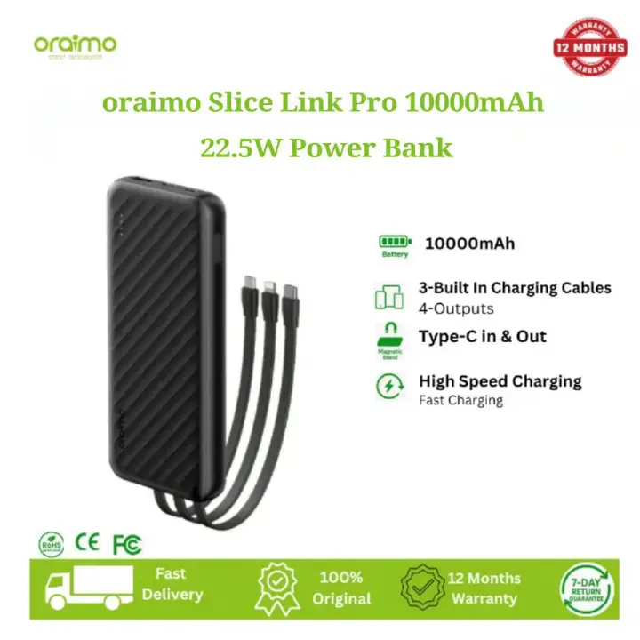 Oraimo Power Bank Slice Link Pro OPB-P7101 22.5W super fast charging power bank with built in Lightning(Iphone), Type C & Micro USB cables.