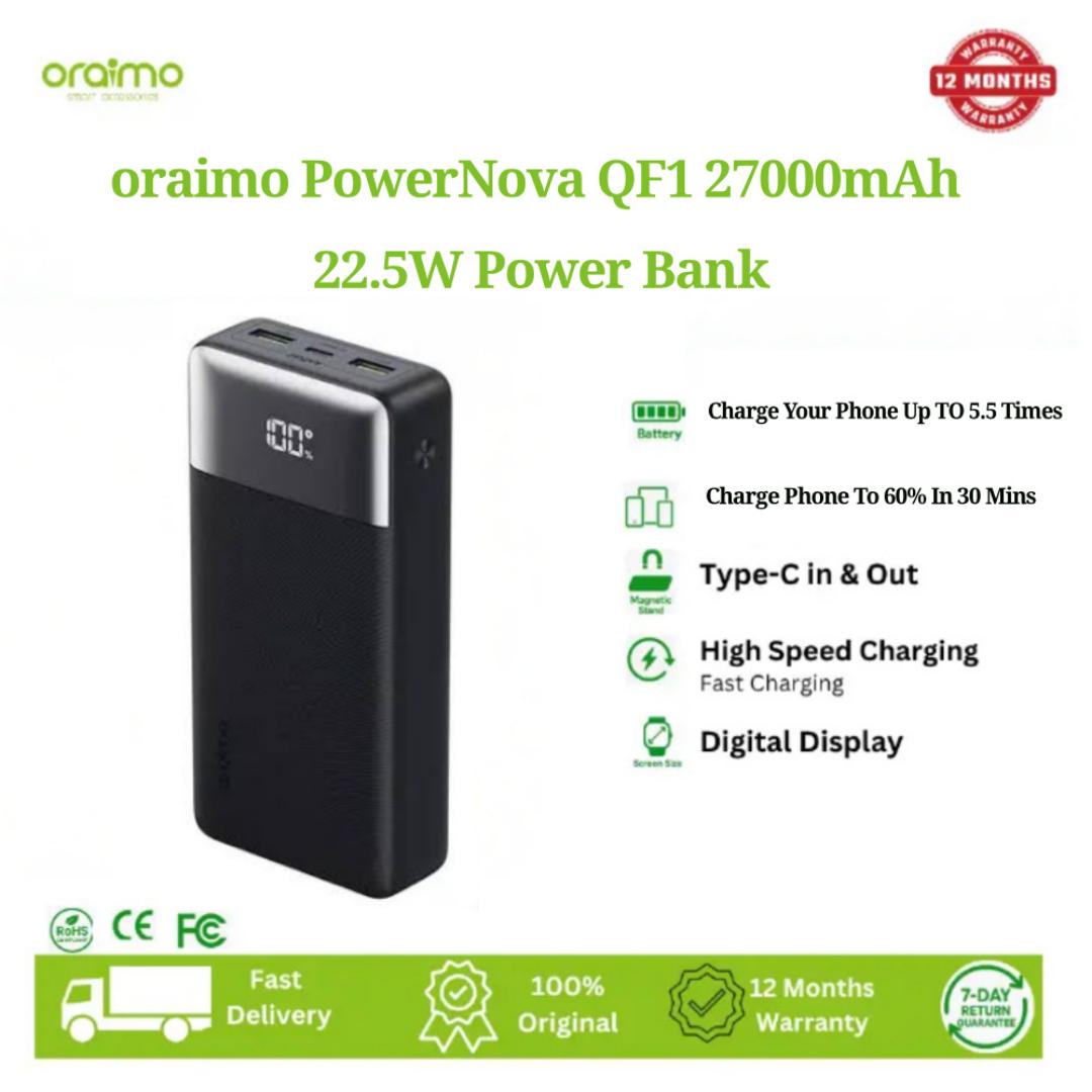 oraimo Power Bank PowerNova QF1 27000mAh 22.5W Two-Way Fast Recharging Charge Phone to 60% in 30 Mins, Smart Digital Display.