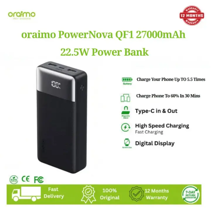 oraimo Power Bank PowerNova QF1 27000mAh 22.5W Two-Way Fast Recharging Charge Phone to 60% in 30 Mins, Smart Digital Display.