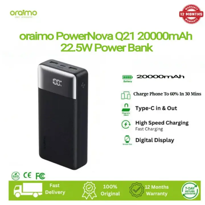 ORAIMO Power Nova 20000mAh Power Bank 22.5W Two-Way Fast Recharging,Real time Smart Display. Charges your Phone To 60% in 30 Minutes.3 Device Charging 1 USB TYPE C-TYPE C, 2USB A OUTPUTS. Input Type C