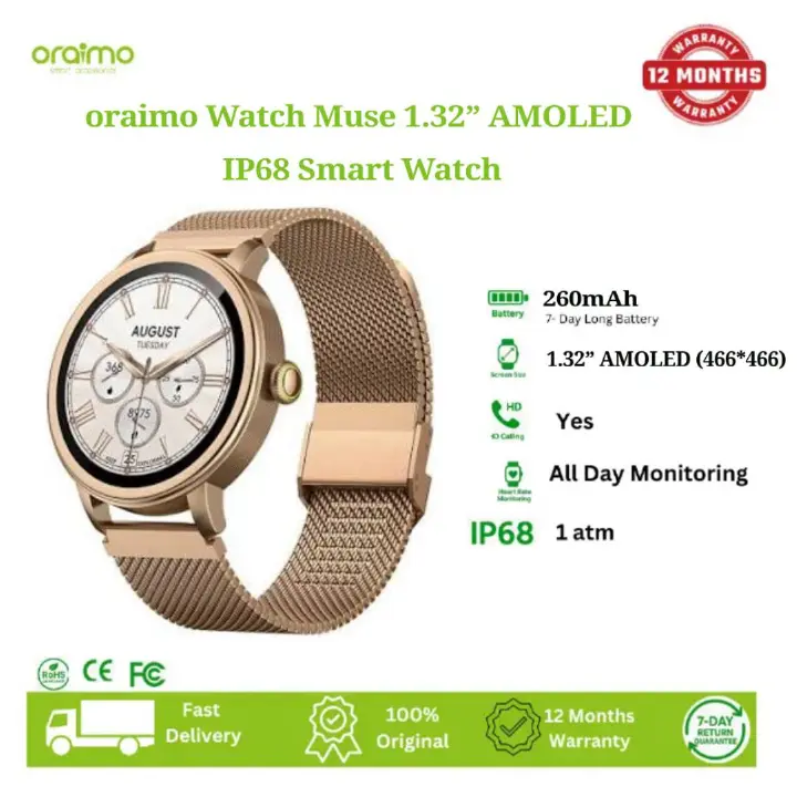 Oraimo Watch Muse 1.32” AMOLED,IP68 Waterproof Smart Watch,AI-Generated Watch Faces,Anti-scratch Panda Glass, Blood Oxygen & Heart Rate Monitor
