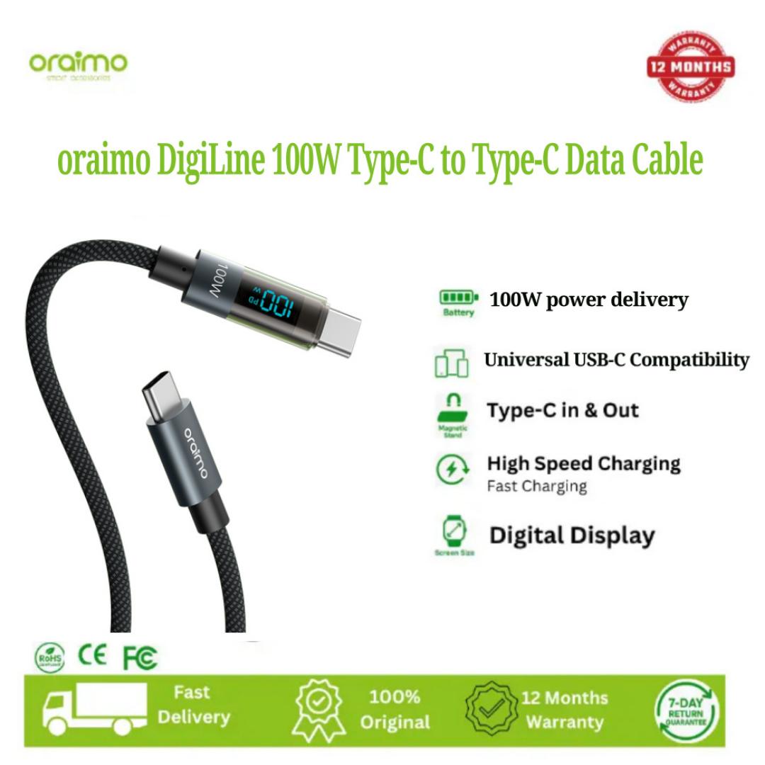 oraimo OCD-175CC USB-C to USB-C Fast Charging Cable 100W 5A Charging & High-Speed Data Sync For USB-C Devices, Length 1.2M,,Real-Time Digital Display,Type-C to Type-C