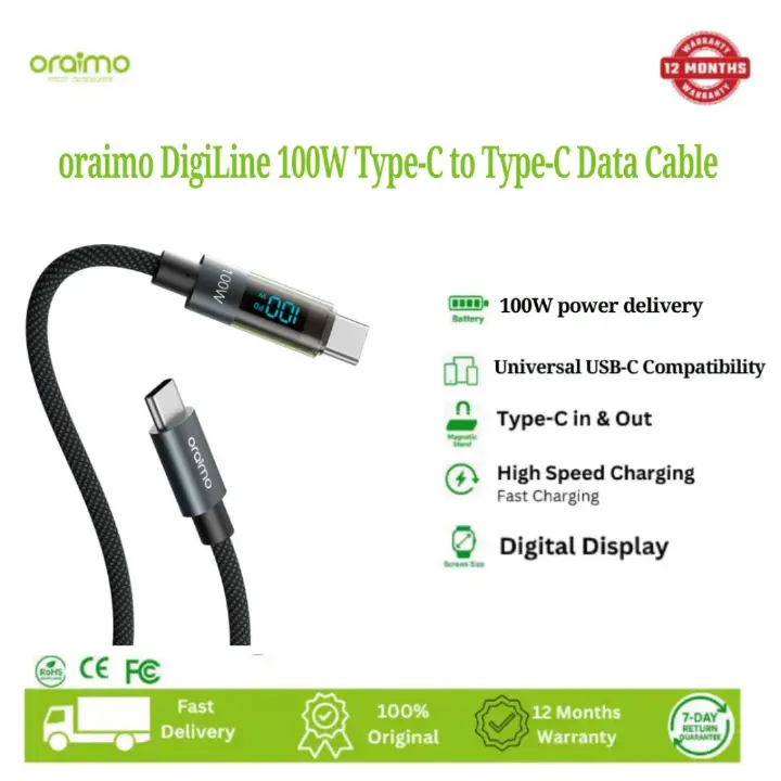 oraimo OCD-175CC USB-C to USB-C Fast Charging Cable 100W 5A Charging & High-Speed Data Sync For USB-C Devices, Length 1.2M,,Real-Time Digital Display,Type-C to Type-C