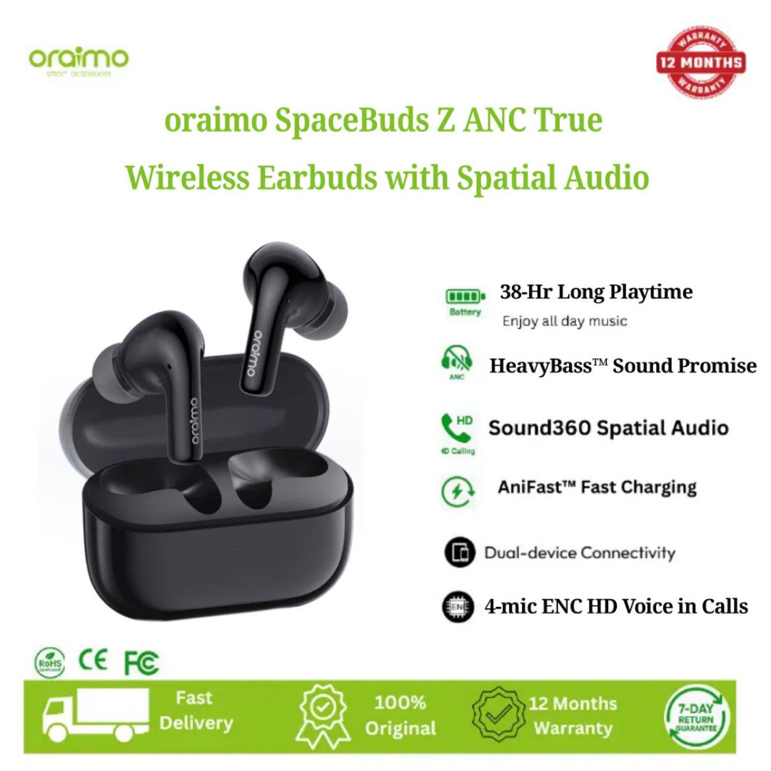Oraimo Wireless Earbuds SpaceBuds Z OTW‑625, Heavy Bass™ Sound Promise  4‑Mic ENC Calls, ANC, Sound360 Audio, HavyBass™, 38H Battery, Fast Charging, IPX5, Game Mode,Dual-device Connectivity