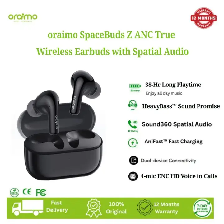 Oraimo Wireless Earbuds SpaceBuds Z OTW‑625, Heavy Bass™ Sound Promise  4‑Mic ENC Calls, ANC, Sound360 Audio, HavyBass™, 38H Battery, Fast Charging, IPX5, Game Mode,Dual-device Connectivity