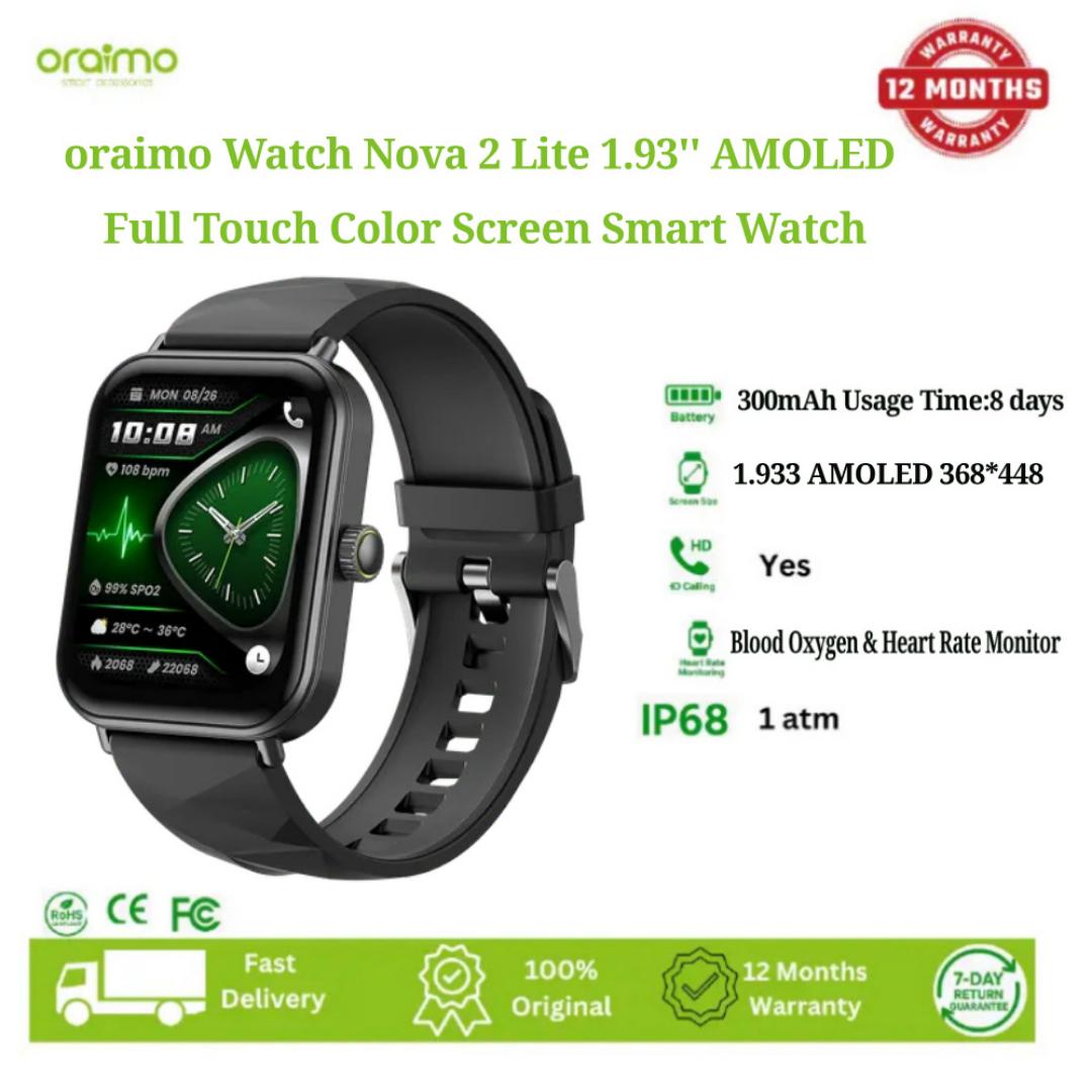oraimo Watch Nova 2 Lite 1.93'' AMOLED Full Touch Color Screen Smart Watch,Anti Scratch Panda Glass,Ip68 Waterproof,Blood Oxygen and Heart rate Monitor,AI Generated Watch Faces