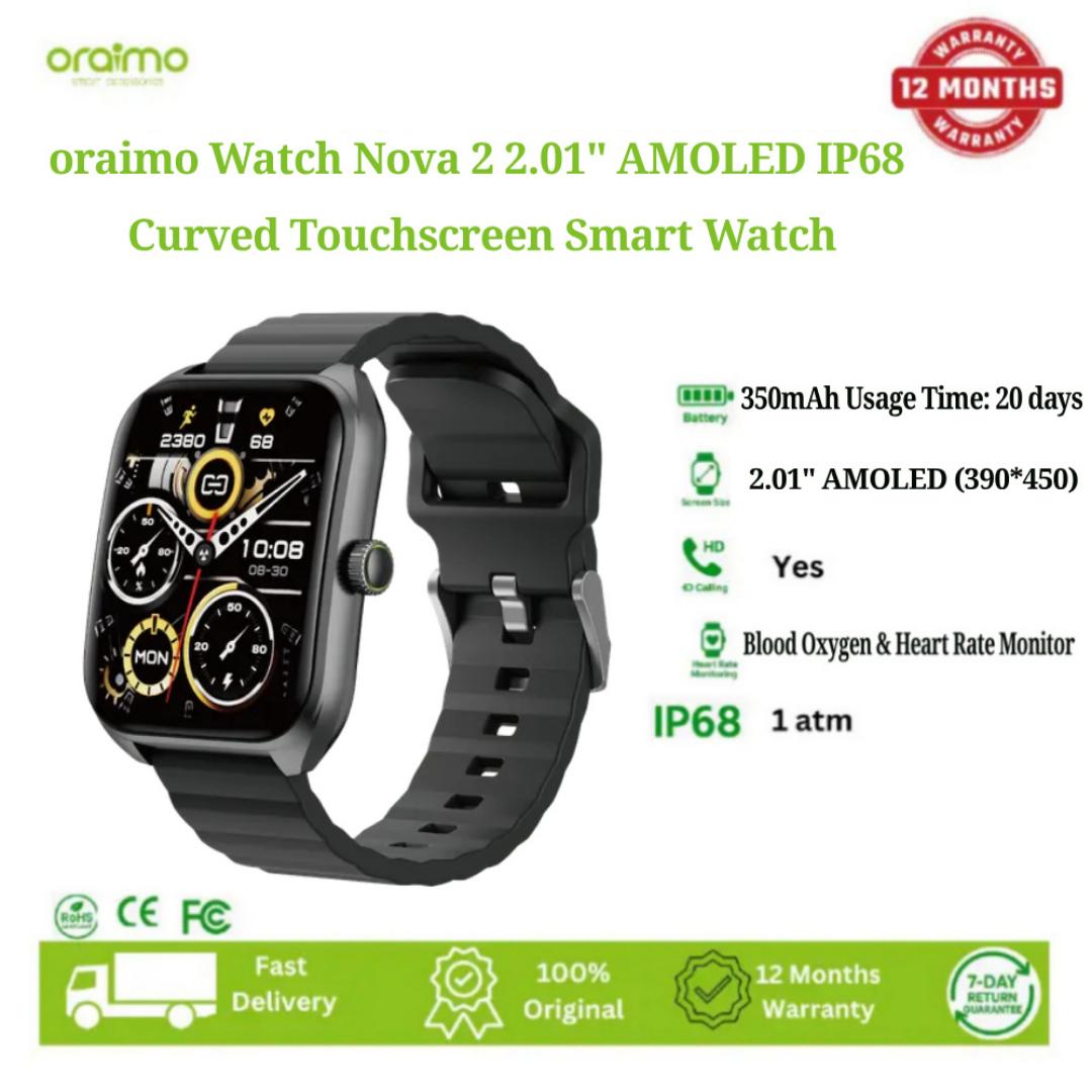 Oraimo Nova 2 Smart Watch OSW-814 – 2.01″ AMOLED Touchscreen, Bluetooth 5.3 Calling, Health & Fitness Tracker, 100+ Sports Modes, IP68 Water-Resistant