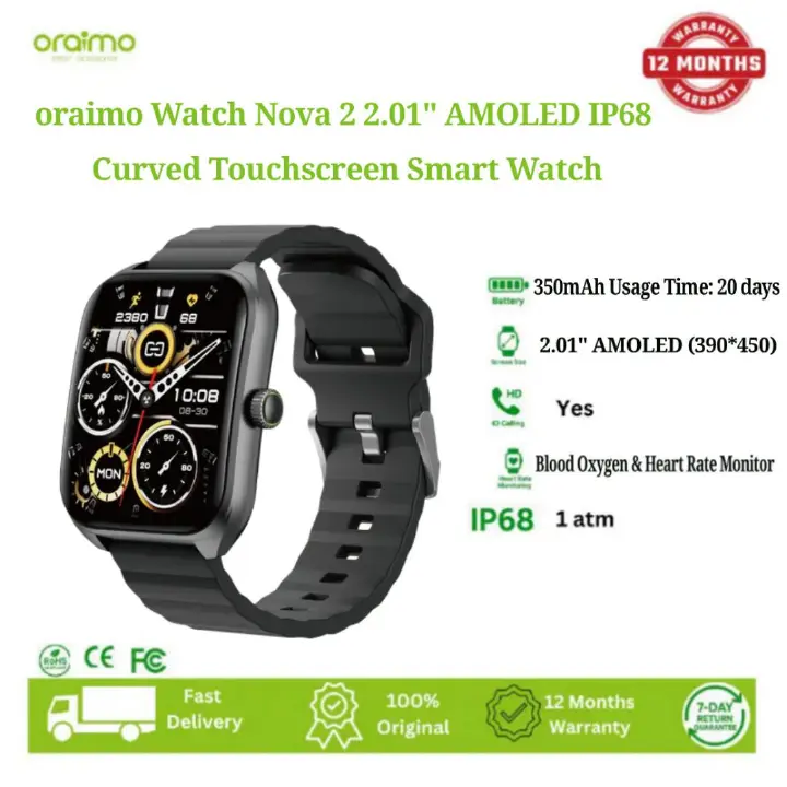 Oraimo Nova 2 Smart Watch OSW-814 – 2.01″ AMOLED Touchscreen, Bluetooth 5.3 Calling, Health & Fitness Tracker, 100+ Sports Modes, IP68 Water-Resistant