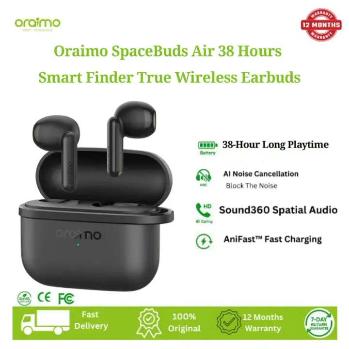 Oraimo Wireless Earbuds OTW-324S SpaceBuds Air  with Half-In-Ear Comfort and 38-Hour Playtime,Free Anti-Lost Lanyard Included.