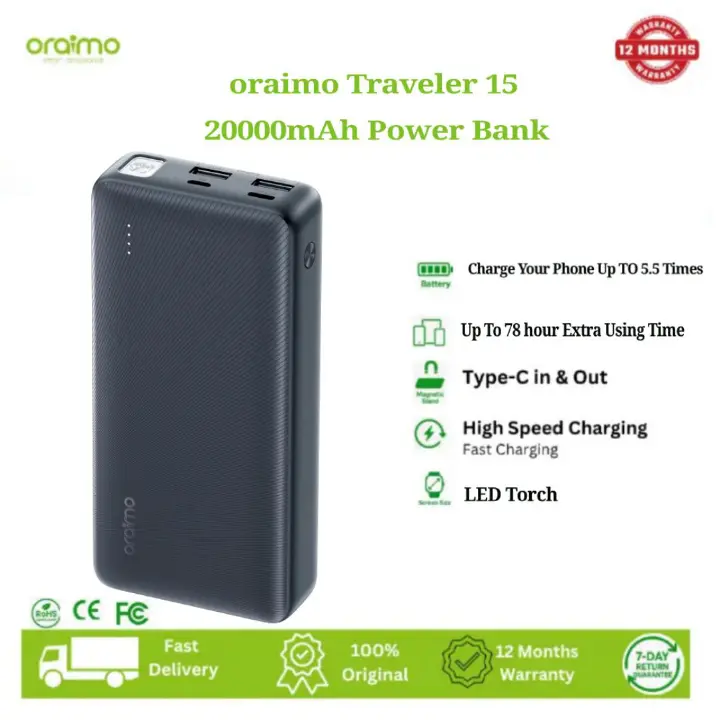 Oraimo Power Bank Traveler 15 OPB-1201P 15W 20,000mAh Fast charging power bank with Type C Output ,15W Fast Charging, Type-C Output + Multiple Ports, LED Power Indicator, Universal Compatibility