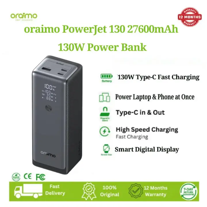 ORAIMO Power Bank Laptops & Phones Fast Charging PowerJet 130 27600mAh 130W Type-C Fast Charging  Smart Digital Display ,Charge Power bank to 100% in 1.5hrs (100 W)