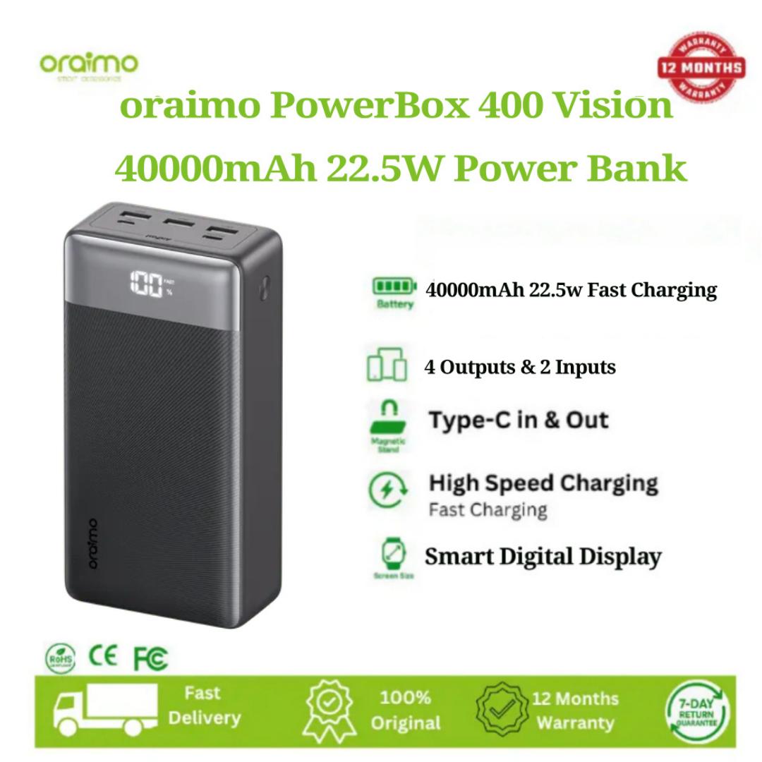 Oraimo  Power Bank PowerBox 400 Vision OPB-7400Q 22.5W 40,000mAh 4 Output & 2 input Ports & LED Display-40,000mAh ,Fully charge phone up to 8 times.