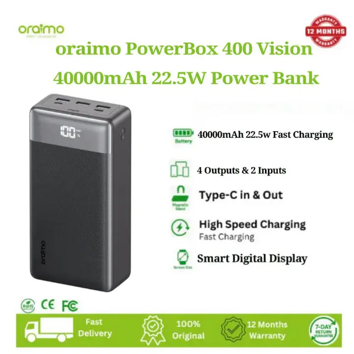 Oraimo  Power Bank PowerBox 400 Vision OPB-7400Q 22.5W 40,000mAh 4 Output & 2 input Ports & LED Display-40,000mAh ,Fully charge phone up to 8 times.