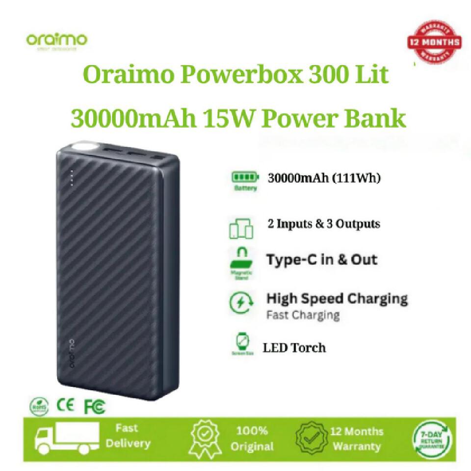 Oraimo Power Bank  30000mAh Powerbox 300 Lit  15W Type-C IN & OUT 3A Fast Charging (111Wh),Multi-Protection Safety System.
