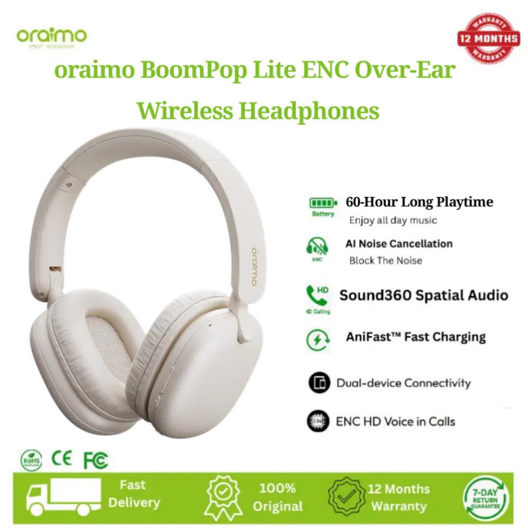 Oraimo BoomPop Lite ENC Over-Ear Wireless Headphones,60-Hour Long Playtime,Charge 10 Mins, Play 600 Mins,Sound360 Spatial Audio,Portable & Foldable Dual-device Connectivity