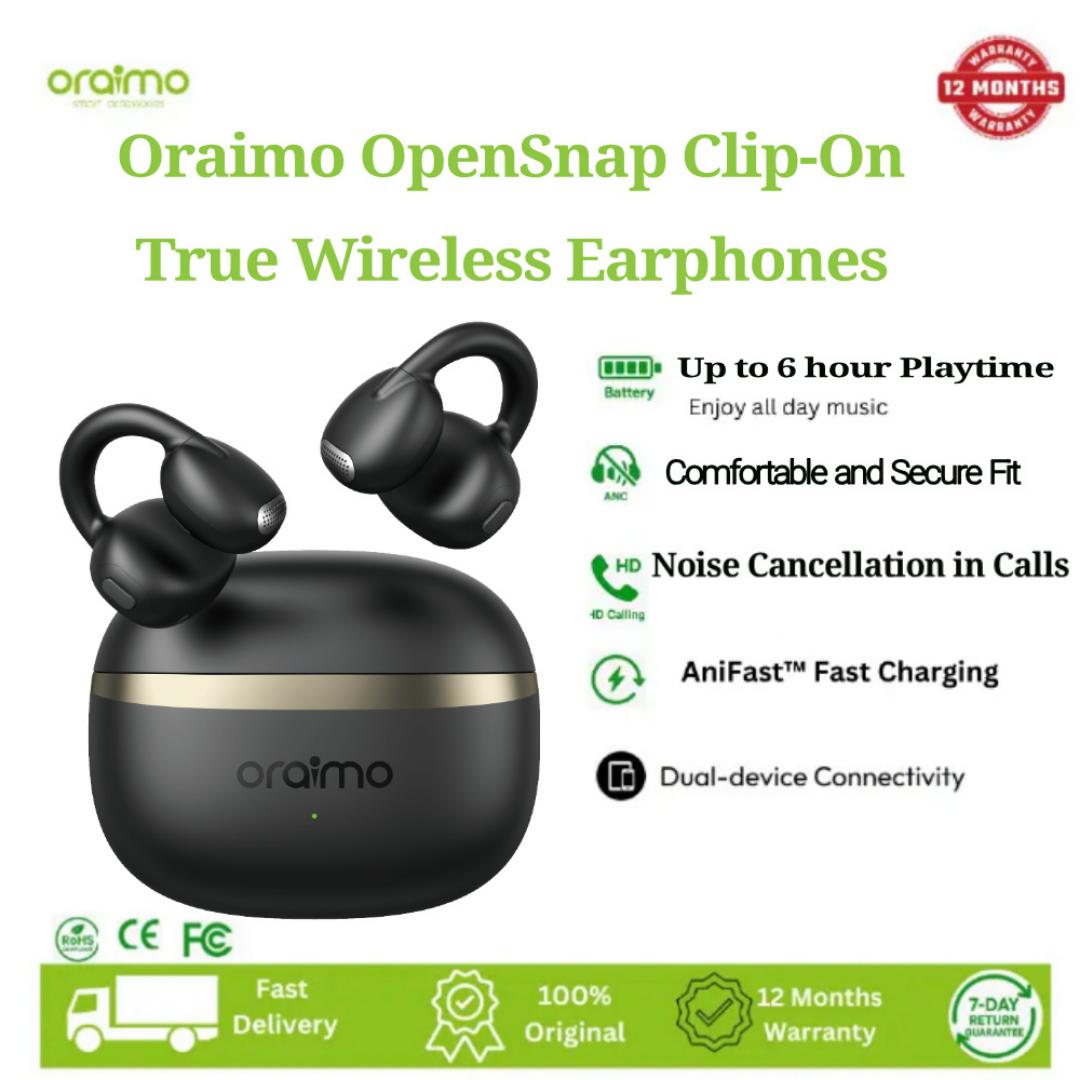 Oraimo OpenSnap Clip-On True Wireless Earphones,Comfortable and Secure Fit,Noise Cancellation in Calls,Open-Ear Bass Boost,Dual-device Connectivity,Up to 26 hours,case provides additional 20 hours