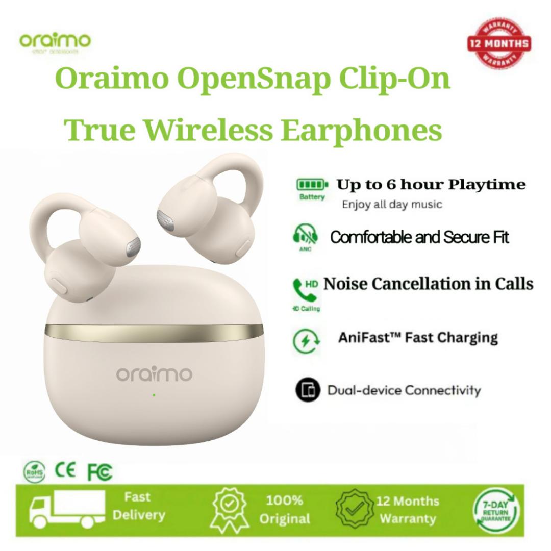 Oraimo OpenSnap Clip-On True Wireless Earphones,Comfortable and Secure Fit,Noise Cancellation in Calls,Open-Ear Bass Boost,Dual-device Connectivity,Up to 26 hours,case provides additional 20 hours