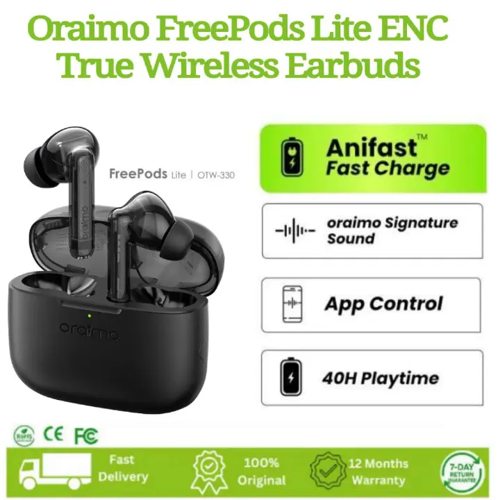 Oraimo FreePods Lite ENC True Wireless Earbuds 40-hour Playtime AniFast™ Fast Charge Crystal Clear Voice in Calls 2-mic ENC Technology IPX4 Waterproof Intelligent Touch Controls Earbuds Earphones