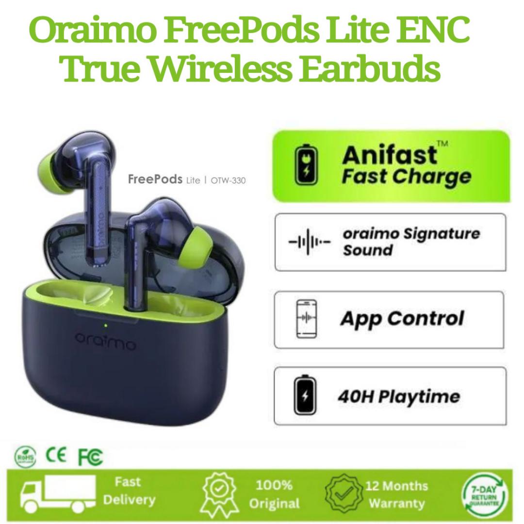 Oraimo FreePods Lite ENC True Wireless Earbuds 40-hour Playtime AniFast™ Fast Charge Crystal Clear Voice in Calls 2-mic ENC Technology IPX4 Waterproof Intelligent Touch Controls Earbuds Earphones