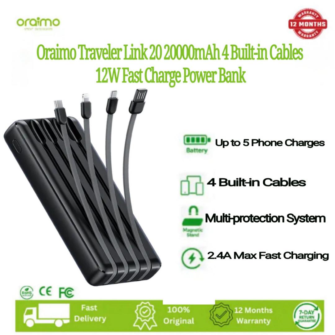 oraimo Traveler Link 20 20000mAh 12W Power Bank,Durable Cable,Charge Up to 4 Devices Simultaneously,Endurance LED Torch,Multi-protection System,4 Built-in Charging & Recharging Cables.OPB-P5201