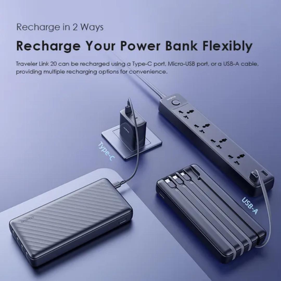 oraimo Traveler Link 20 20000mAh 12W Power Bank,Durable Cable,Charge Up to 4 Devices Simultaneously,Endurance LED Torch,Multi-protection System,4 Built-in Charging & Recharging Cables.OPB-P5201