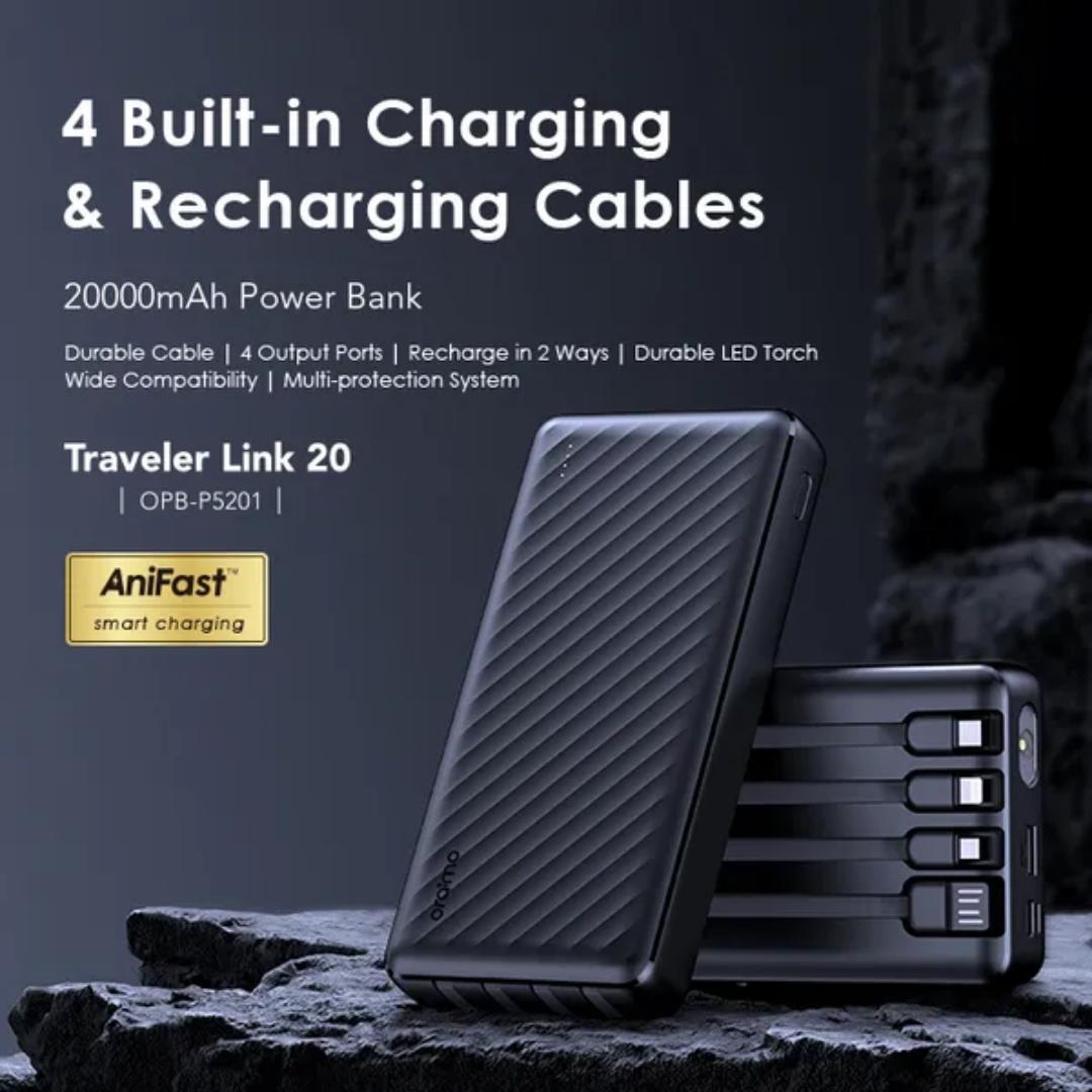 oraimo Traveler Link 20 20000mAh 12W Power Bank,Durable Cable,Charge Up to 4 Devices Simultaneously,Endurance LED Torch,Multi-protection System,4 Built-in Charging & Recharging Cables.OPB-P5201