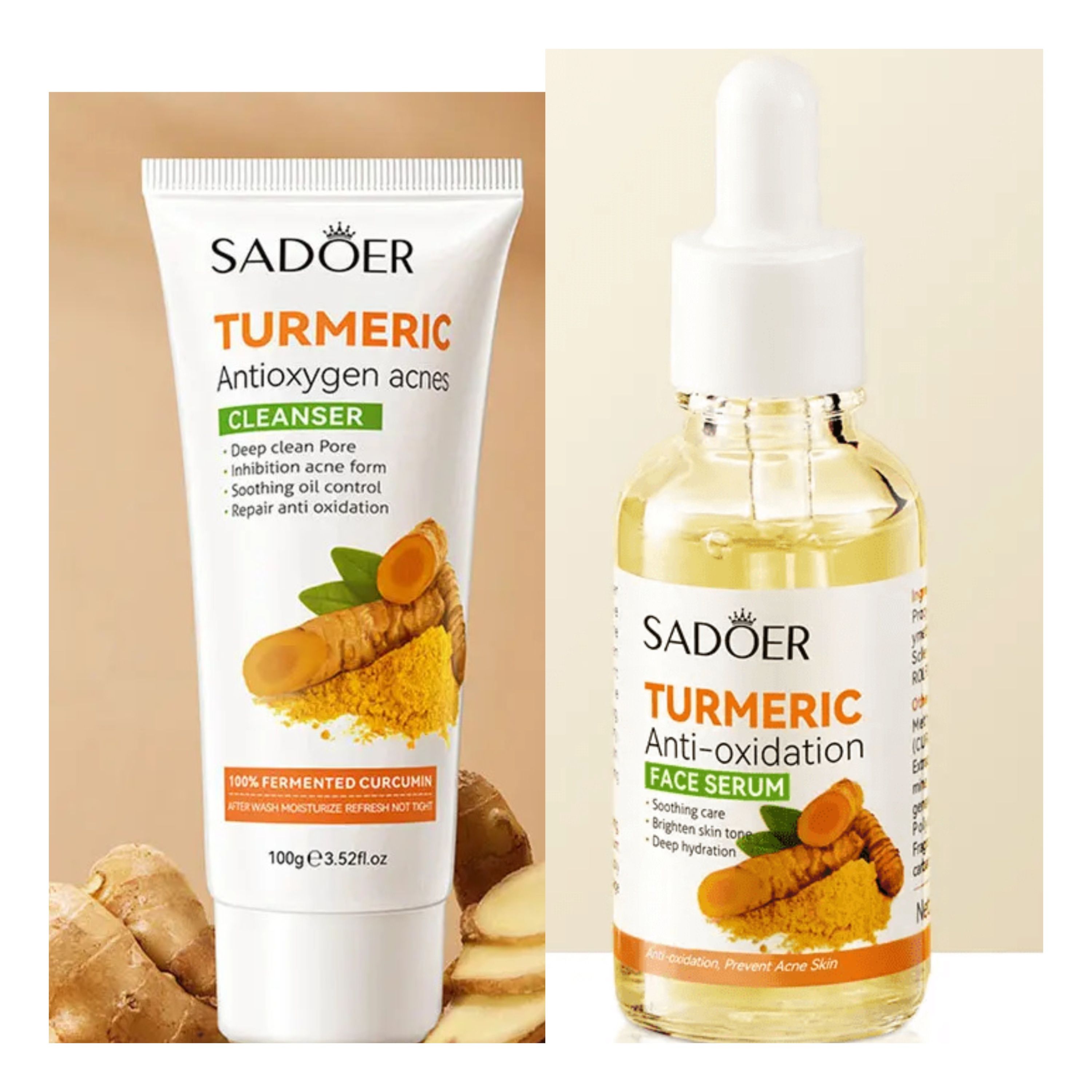 Sadoer Turmeric 2 in 1, Turmeric Cleanser + Turmeric Serum, Tumeric Anti Oxidation Set of Serum and Cleanser, Like Viamin C, Tumeric has anti Oxidation Properties, Anti Acnes and Soothing