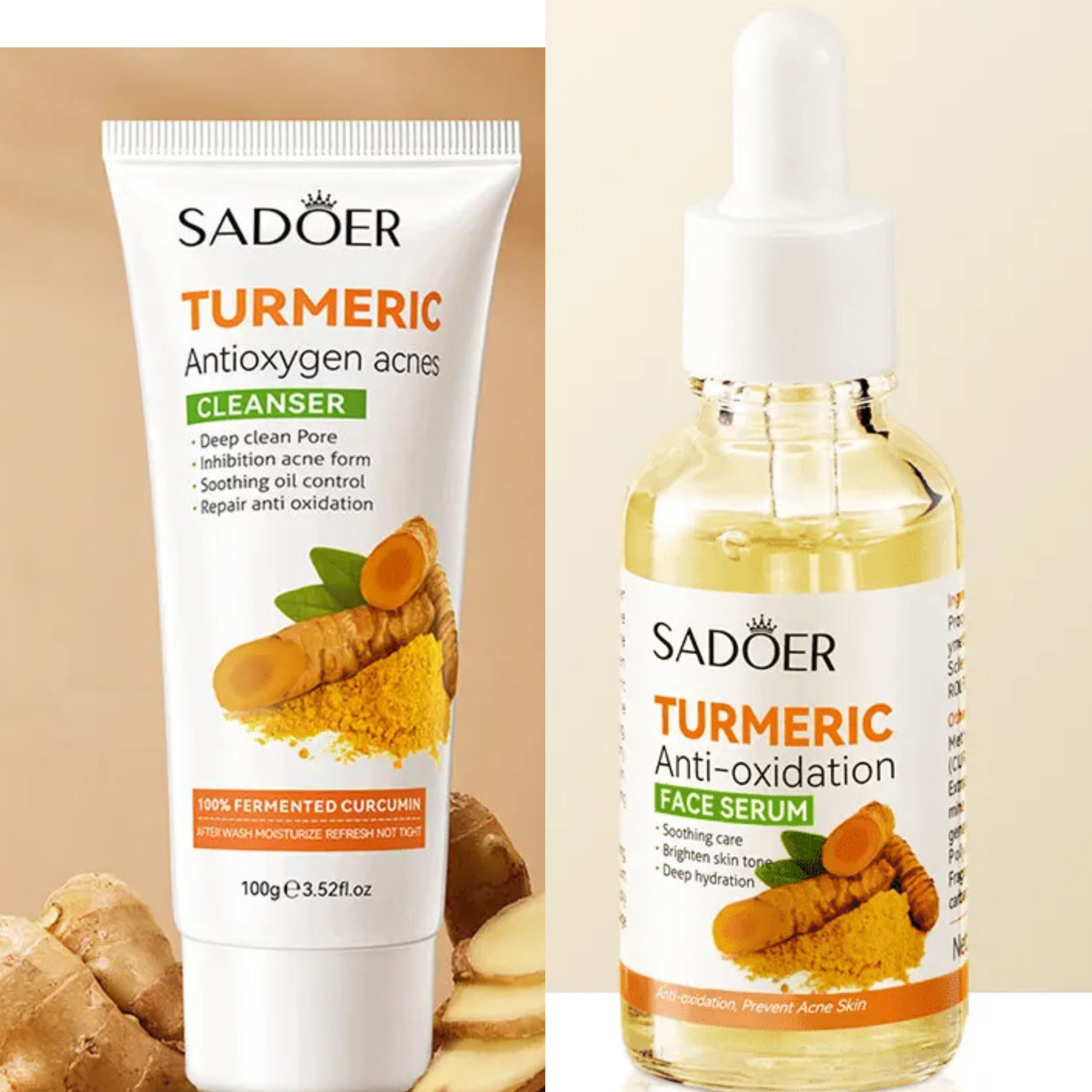 Sadoer Turmeric 2 in 1, Turmeric Cleanser + Turmeric Serum, Tumeric Anti Oxidation Set of Serum and Cleanser, Like Viamin C, Tumeric has anti Oxidation Properties, Anti Acnes and Soothing