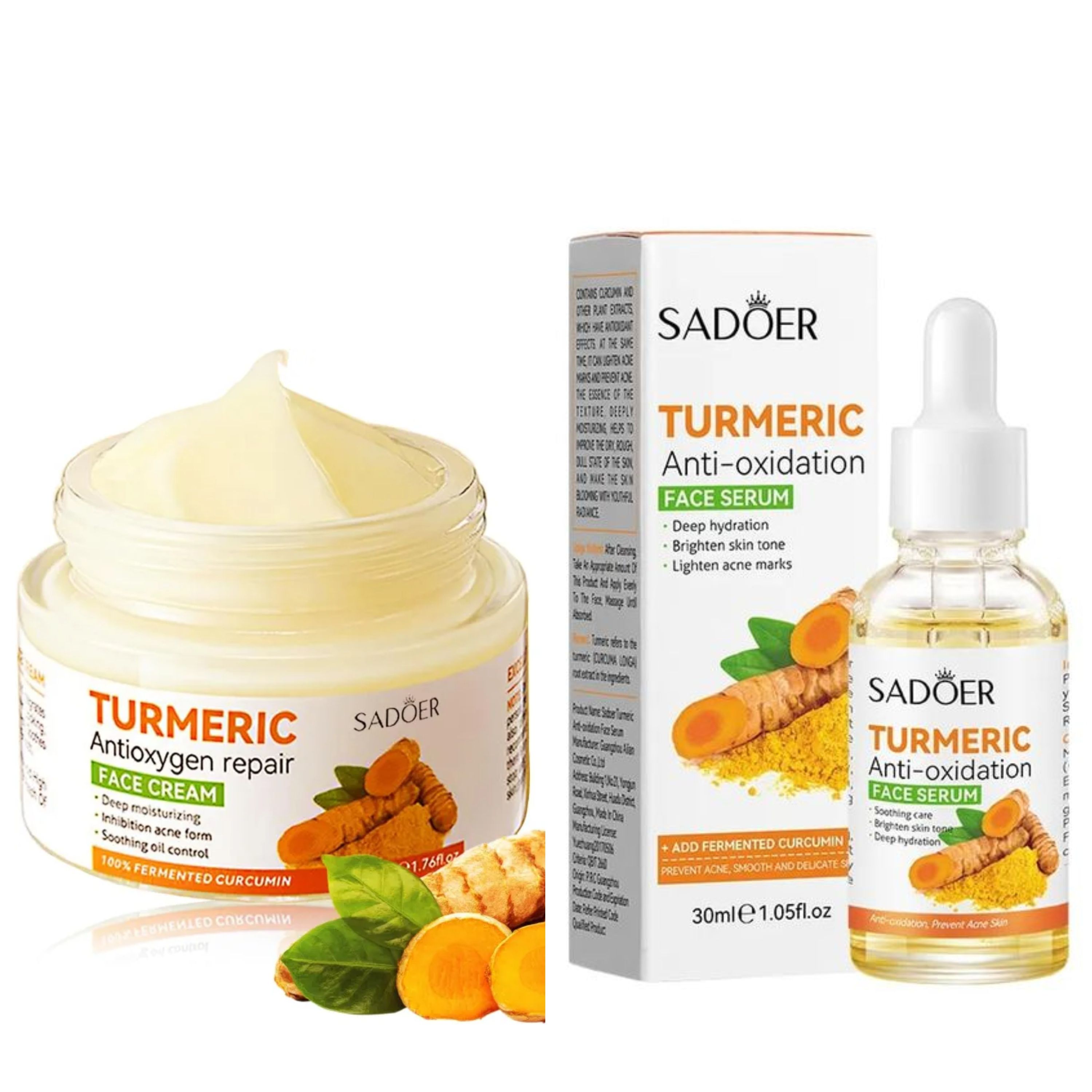 Sadoer 2 in 1 Set, Turmeric Cream + Tumeric Serum, the Combination of Sadoer Tumeric Cream and Turmeric Serum Guarantees Like Vitamin C, Deep Hydration, inhibits Acne formation, Lighten Acne Marks,