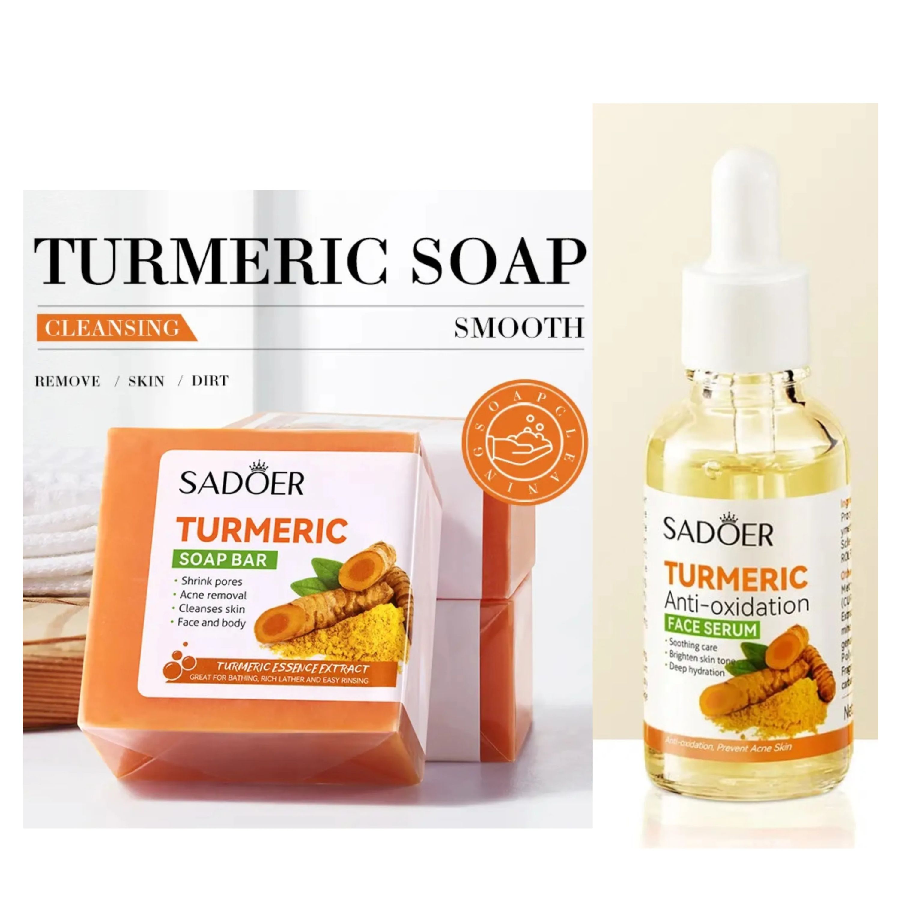 Sadoer 2 in 1 Set of Tumeric Anti Oxidation Turmeric Soap Bar + Turmeric Serum Anti Acnes, Like Vitamin C, it is Effective in Acne Removal, Pore Shrinking and Skin Tone Brightening